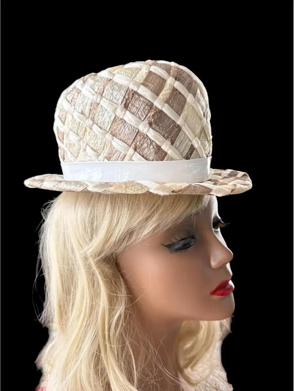 Vintage 60s Mr. John Sophisticate Straw Bowler Hat, Mid Century